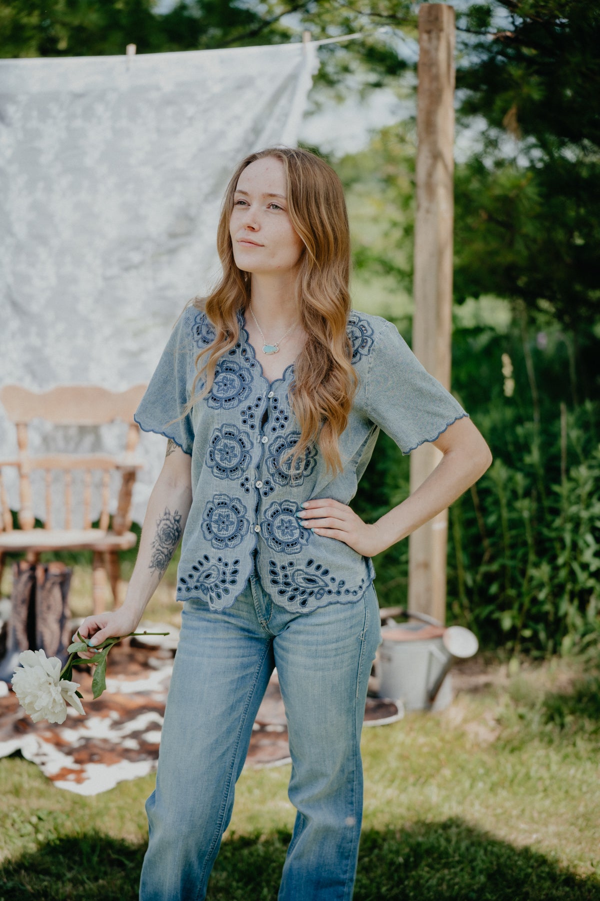 'Peony' Short Sleeve Denim Washed Embroidered Blouse (S-L)