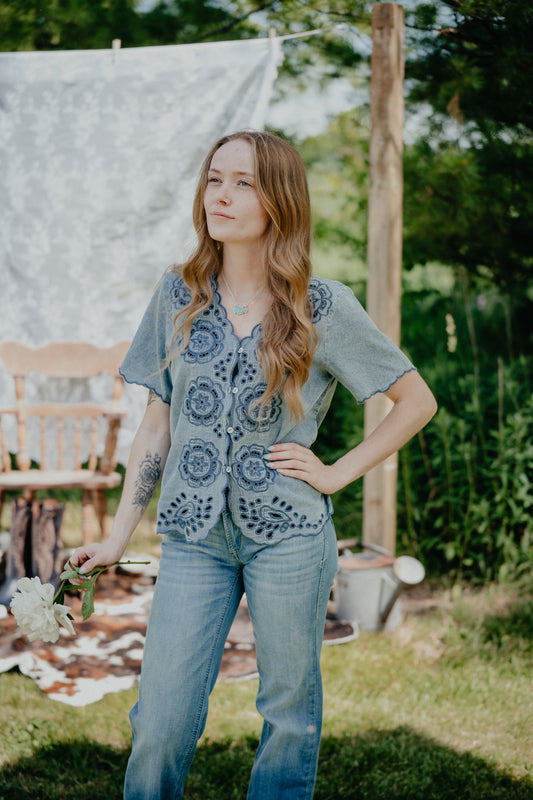 'Peony' Short Sleeve Denim Washed Embroidered Blouse (S-L)