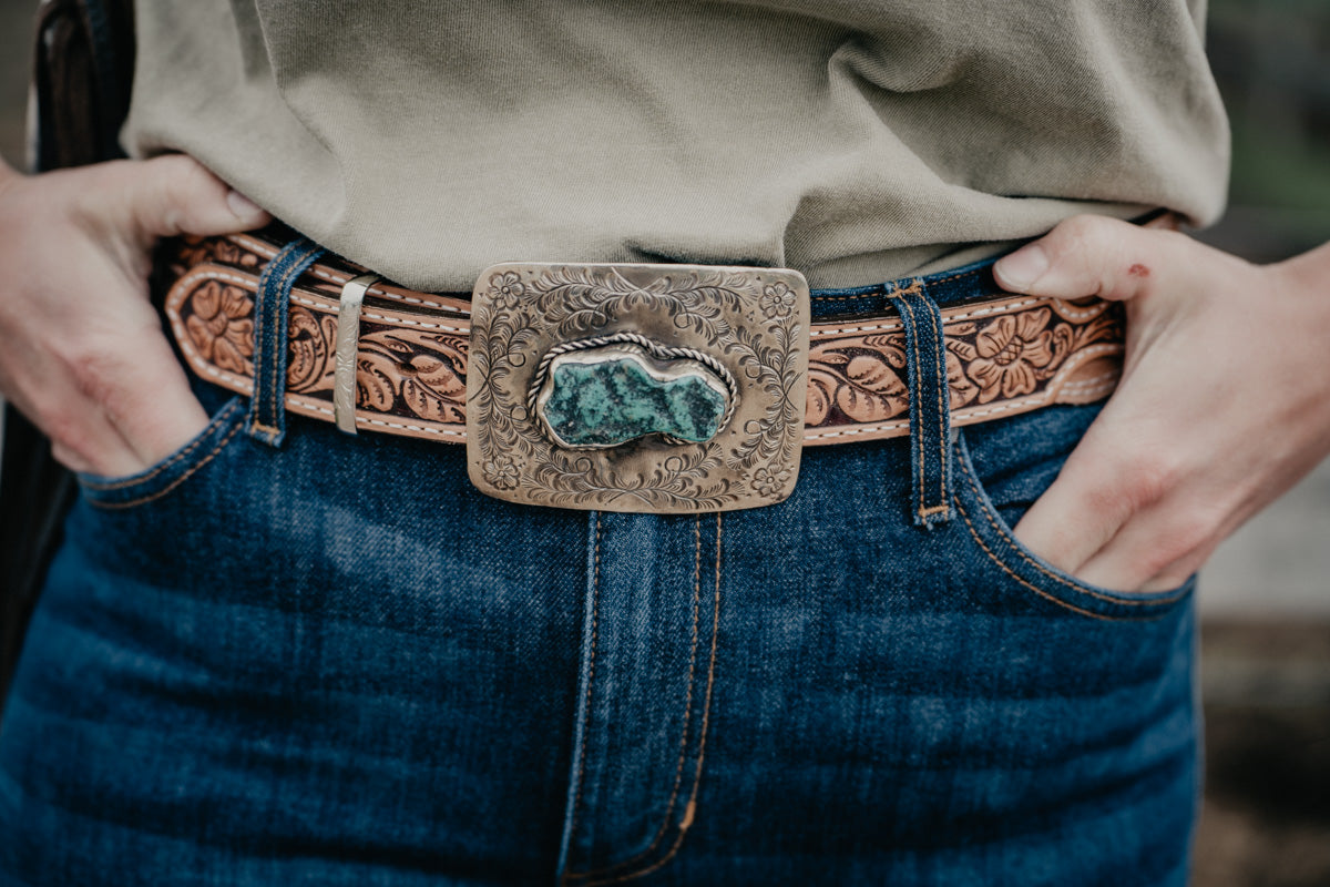 Floral Carved Rectangular German Silver Buckle by Paige Wallace (Turquoise and White Buffalo)