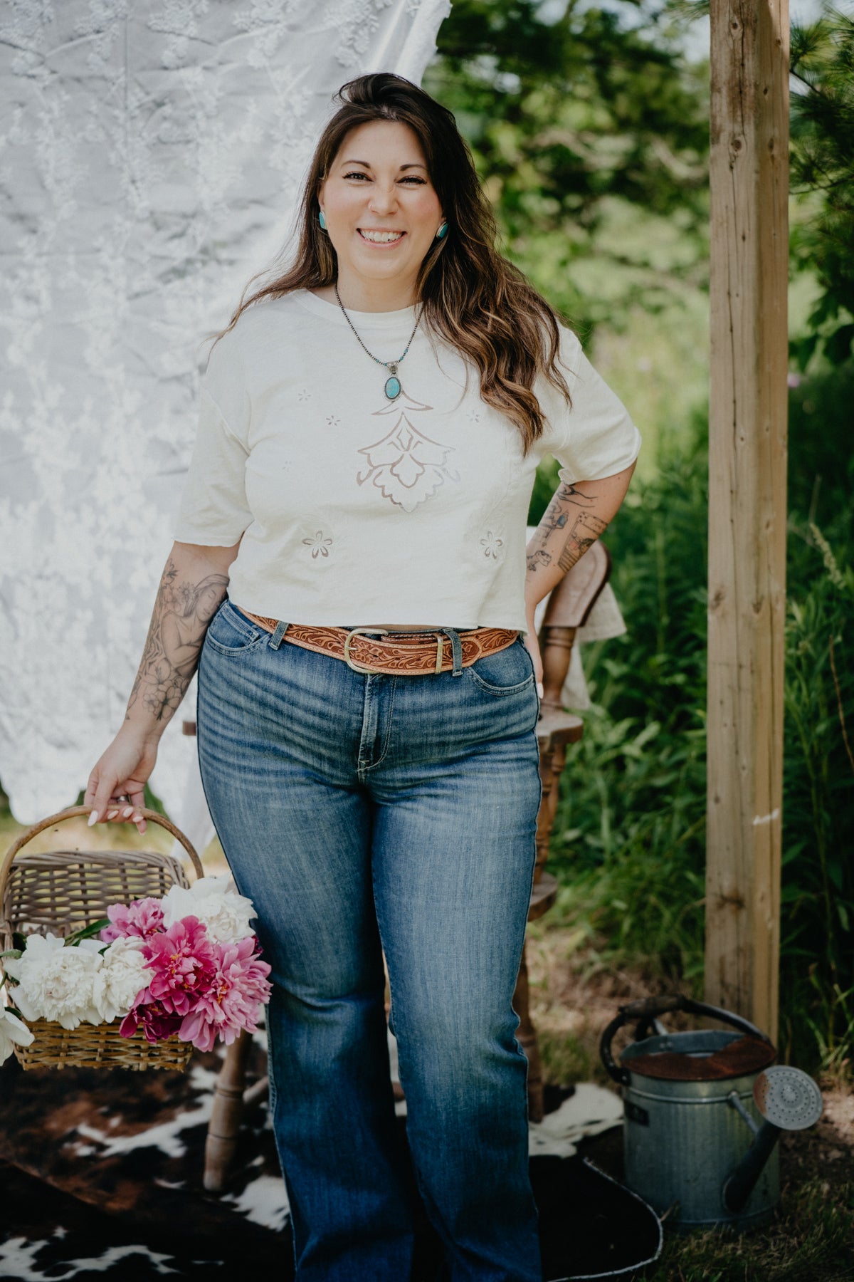 'Magnolia' White Floral Embroidered Mesh Inlay T-Shirt (S-L)