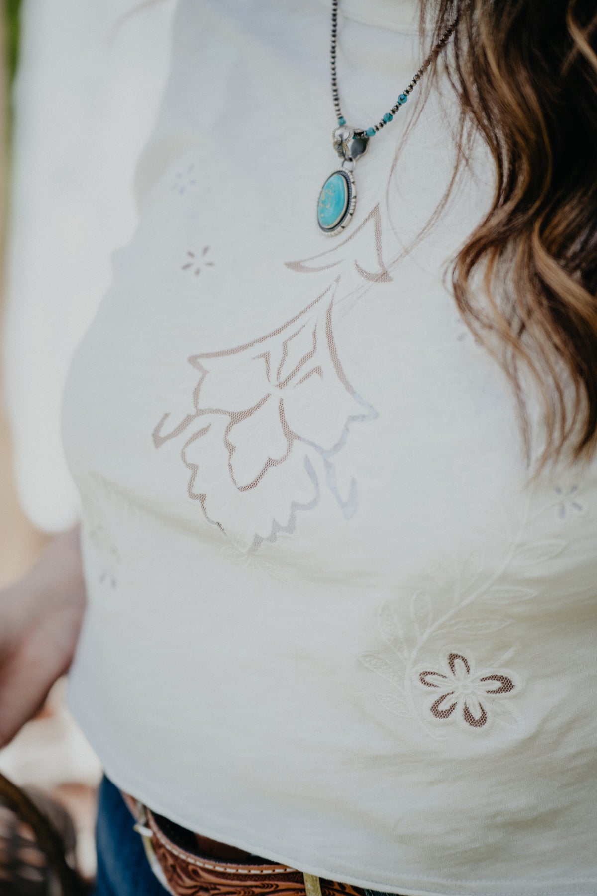'Magnolia' White Floral Embroidered Mesh Inlay T-Shirt (S-L)