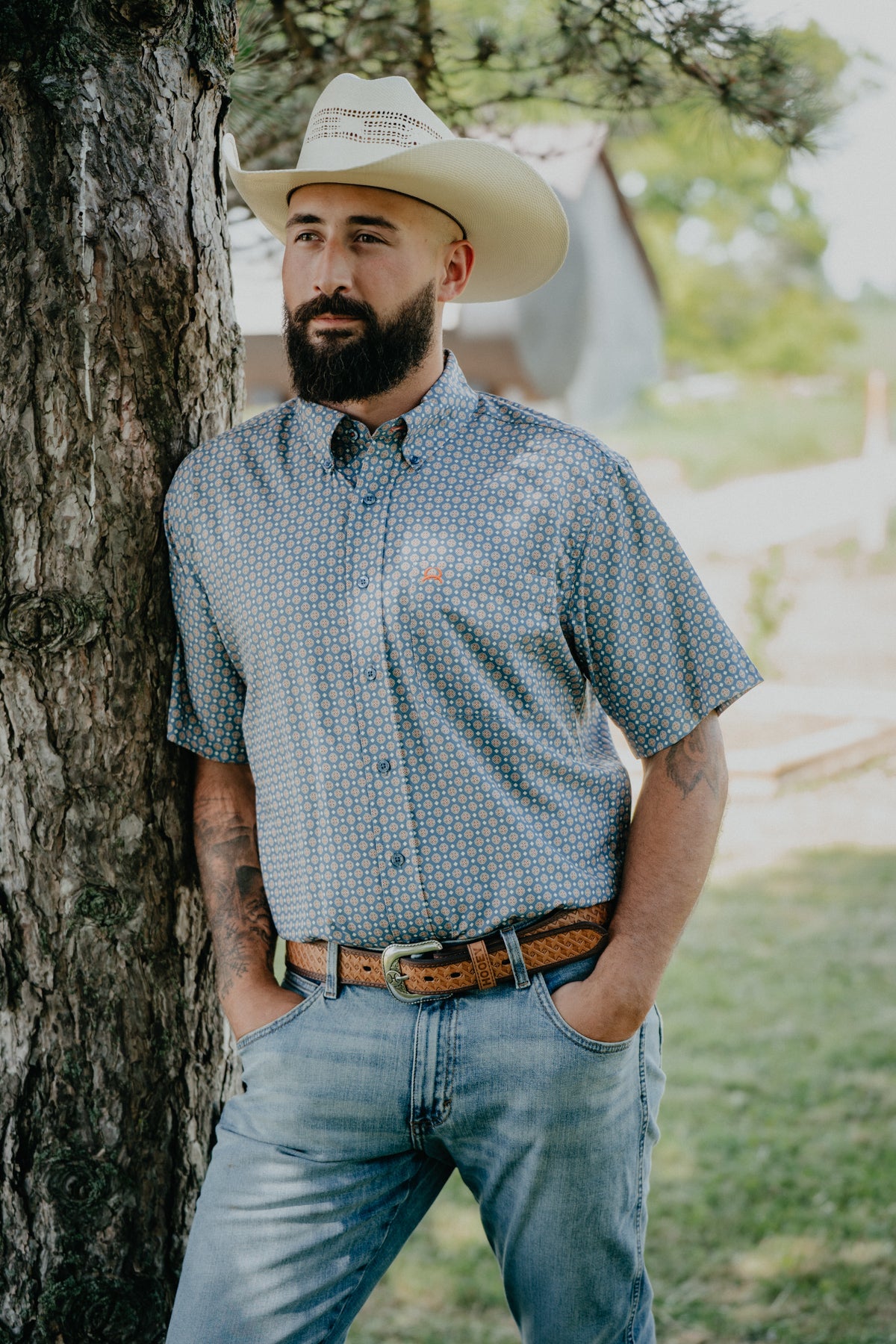 "Enzo" Men's Short Sleeve Blue Printed ArenaFlex CINCH Button Down (S-XXL)