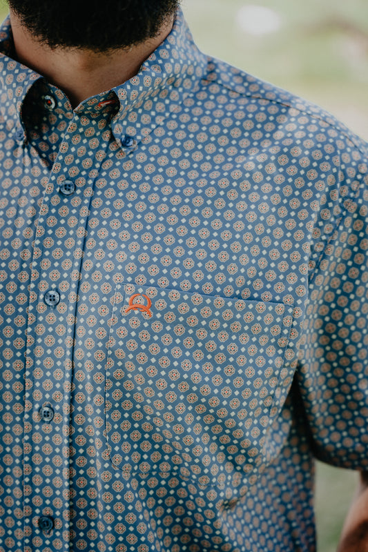 "Enzo" Men's Short Sleeve Blue Printed ArenaFlex CINCH Button Down (S-XXL)