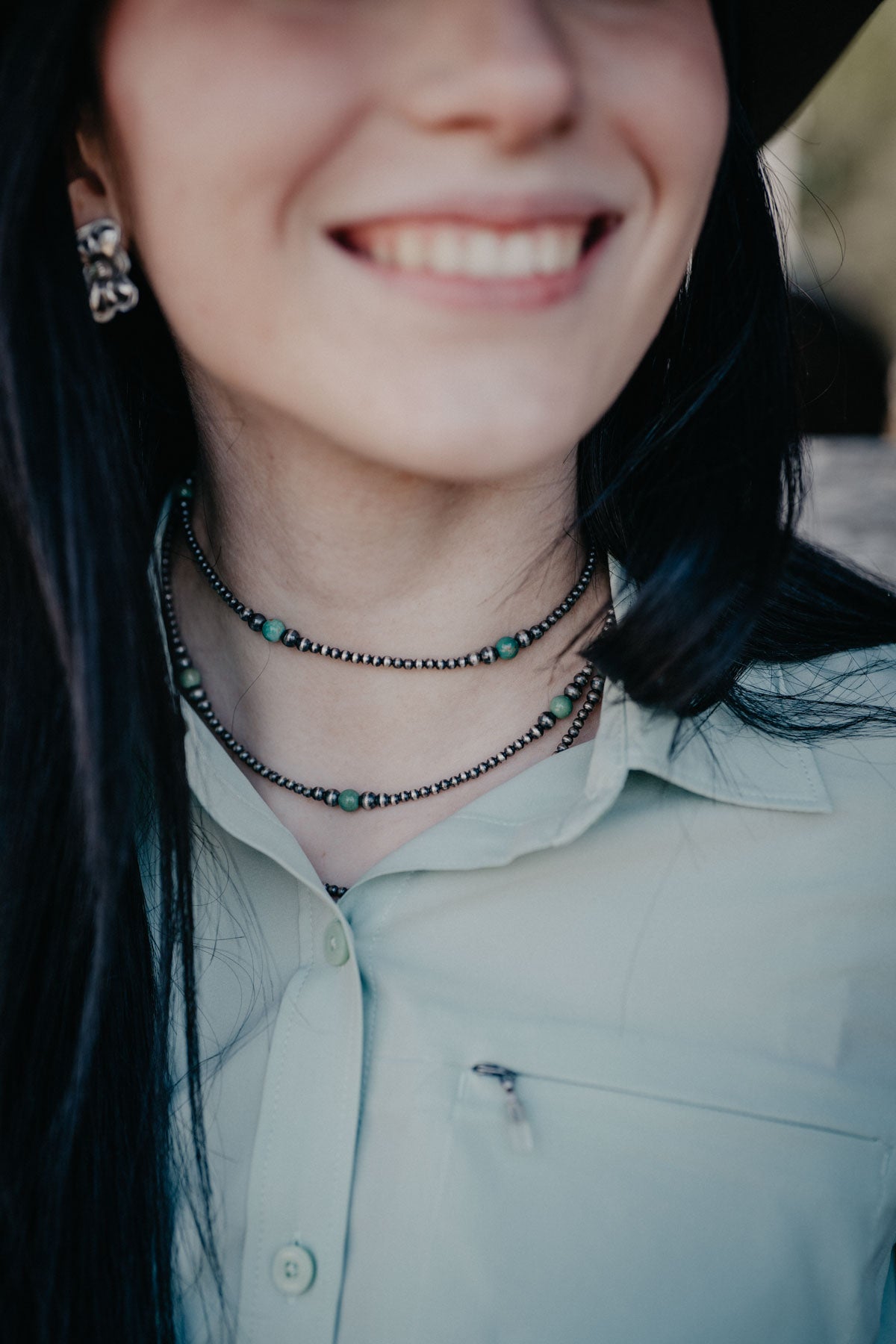 Graduated Navajo Pearl Necklace with Green Turquoise Accents (Various Lengths)