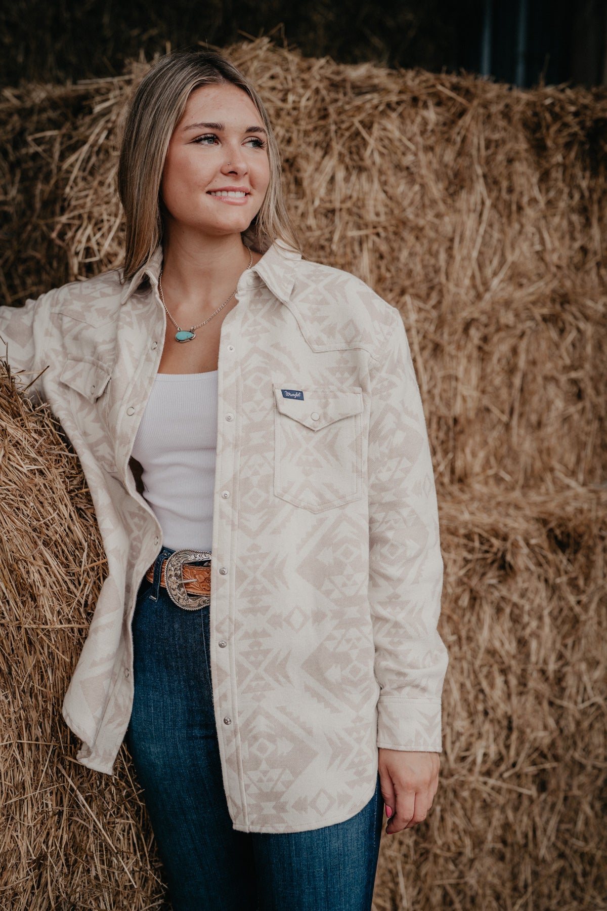 'Loretta' Women's Aztec Pearl Snap Shacket by Wrangler