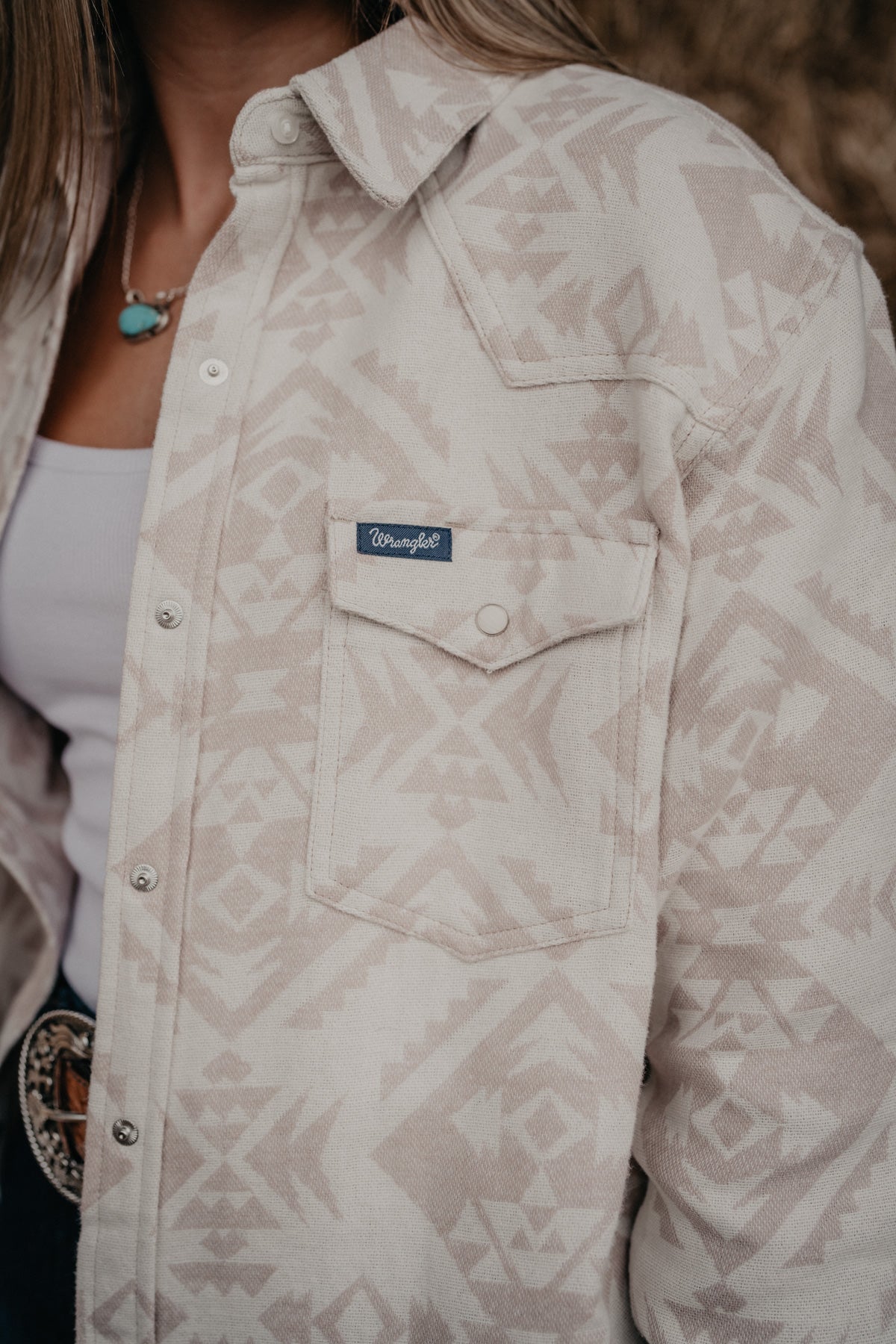 'Loretta' Women's Aztec Pearl Snap Shacket by Wrangler