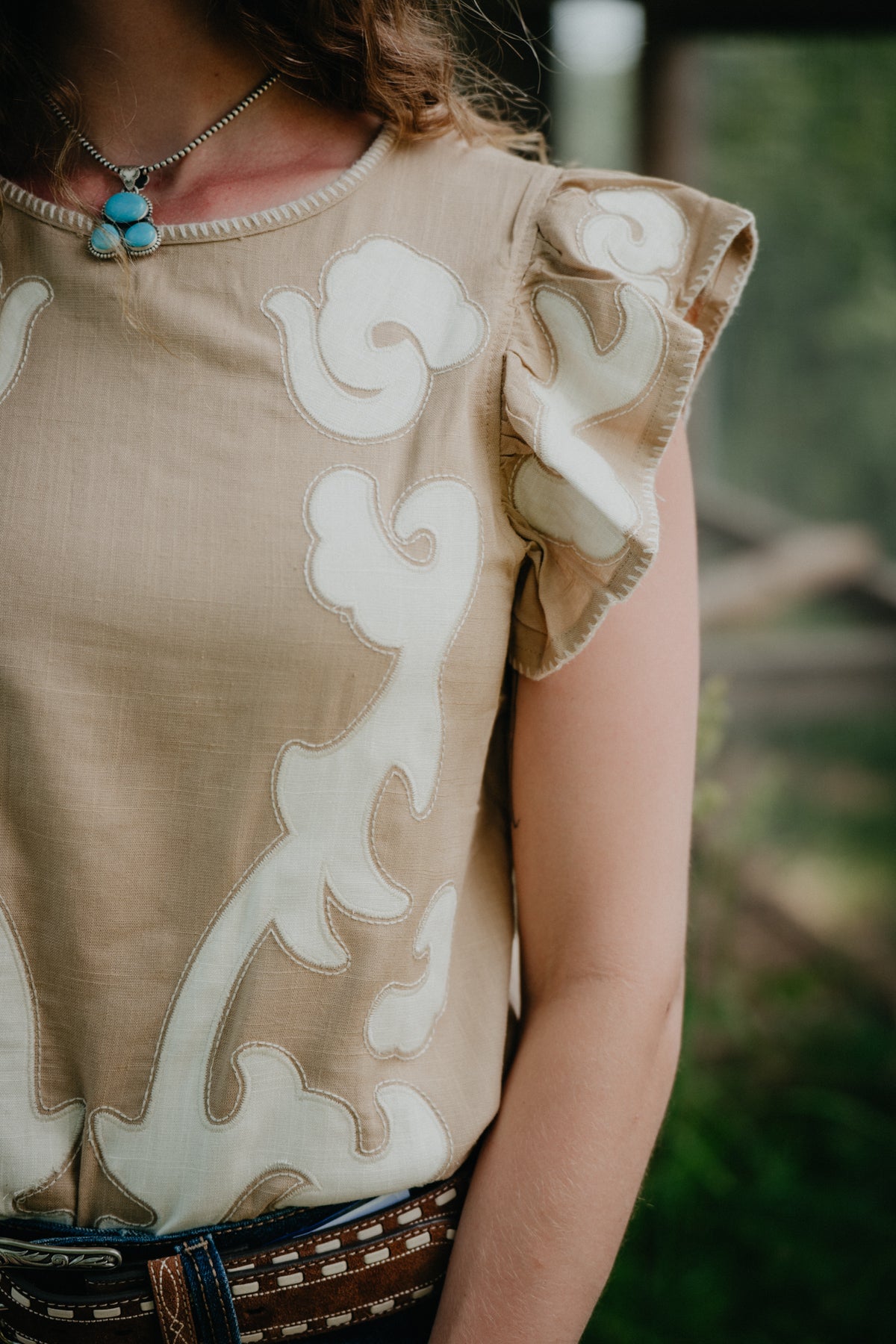 'Carmen' Women's Camel & Ivory Ruffle Sleeve Blouse (S-XXL)