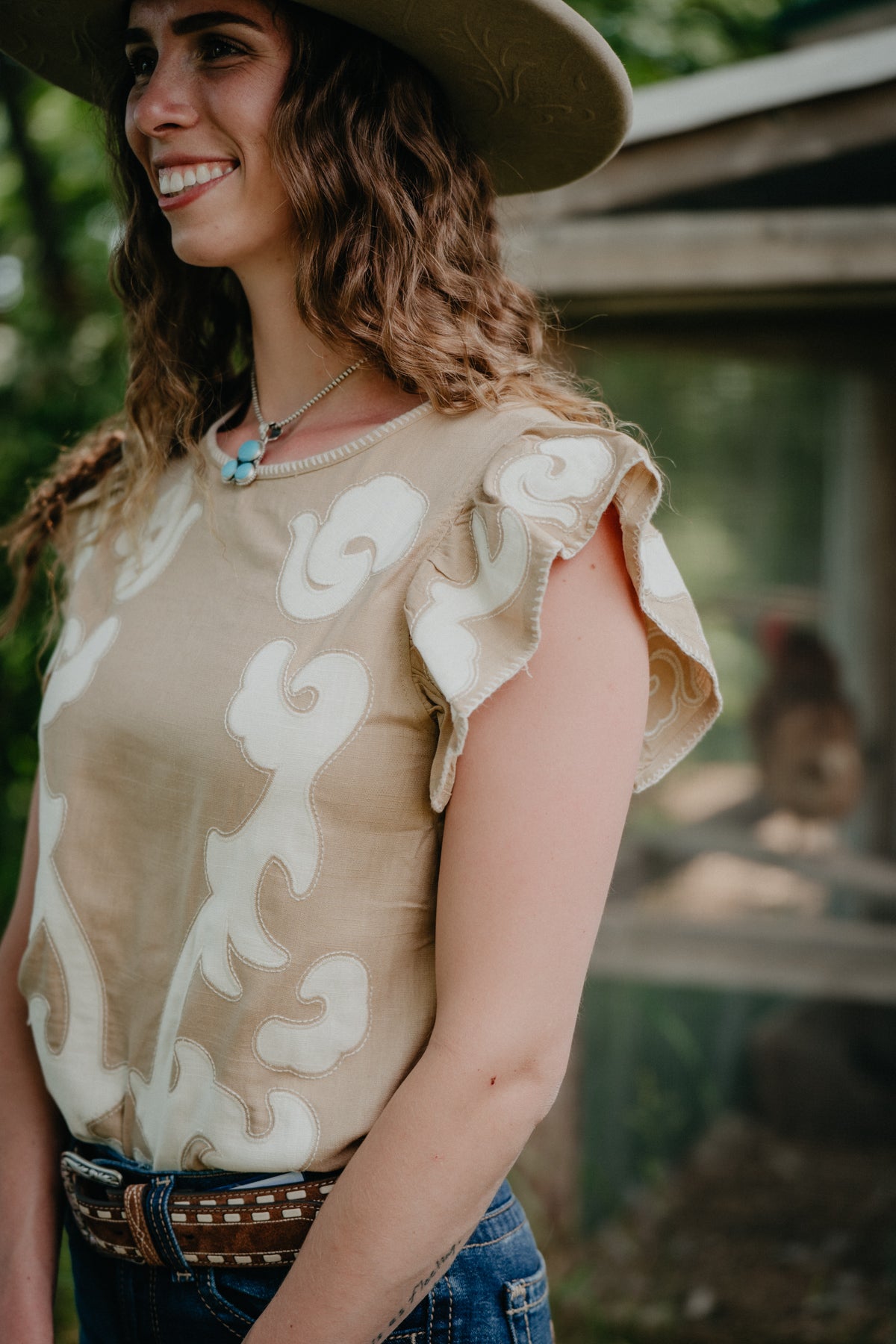 'Carmen' Women's Camel & Ivory Ruffle Sleeve Blouse (S-XXL)
