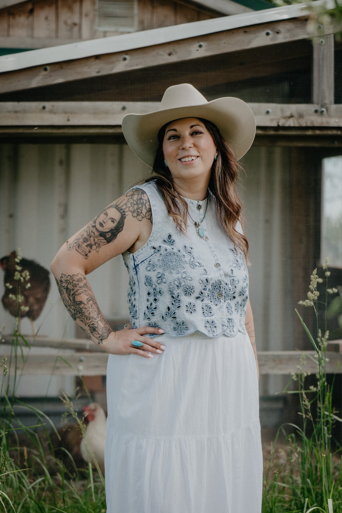 'Willow' Coloured Denim Floral Eyelet Vest (2 colourways; S-L)