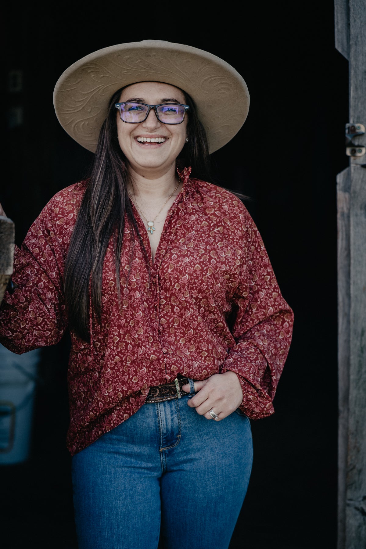 'Fawn' Burgundy Floral Ruffle Long Sleeve Top by Wrangler