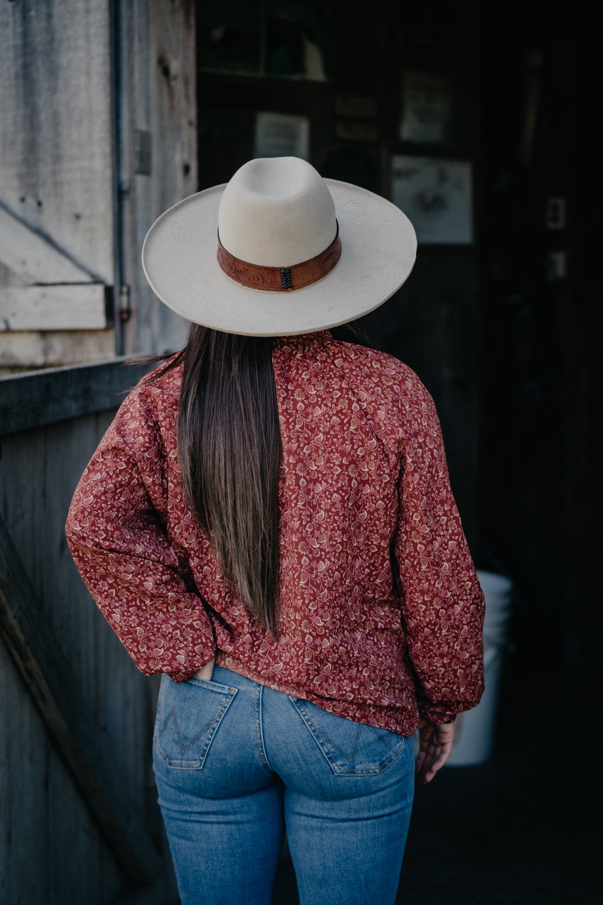 'Fawn' Burgundy Floral Ruffle Long Sleeve Top by Wrangler