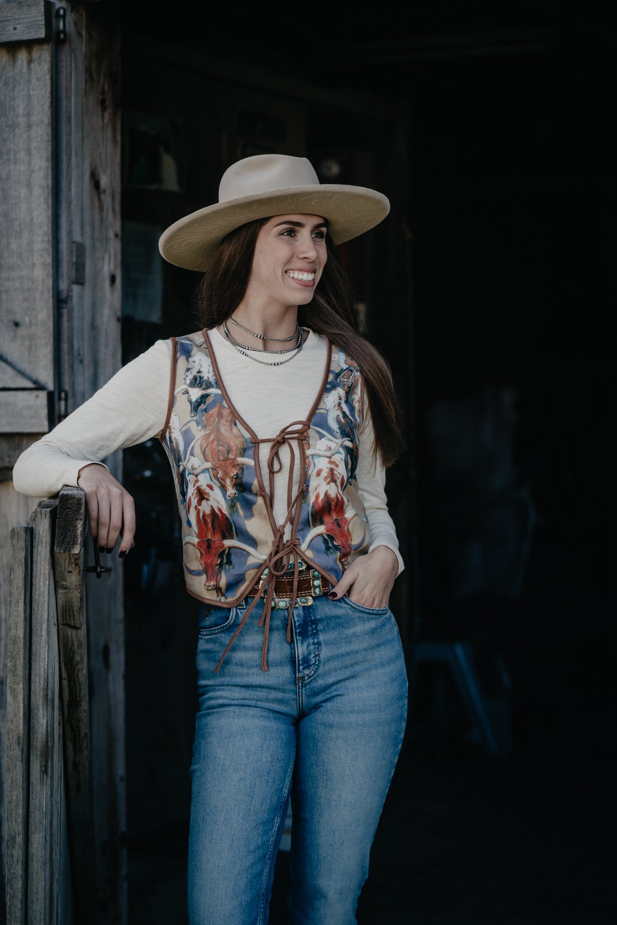 'Vel' Women's Longhorn Printed Suede Front Tie Vest
