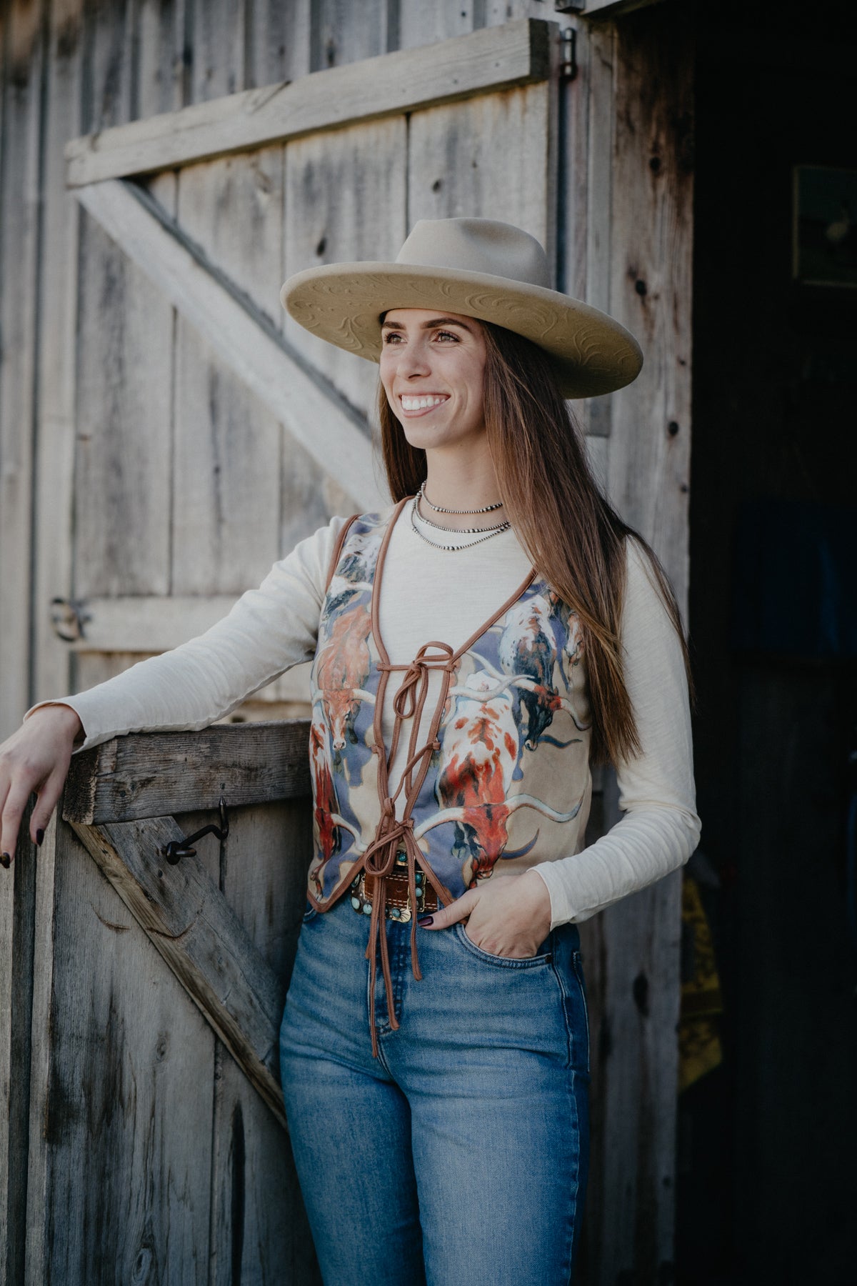 'Vel' Women's Longhorn Printed Suede Front Tie Vest