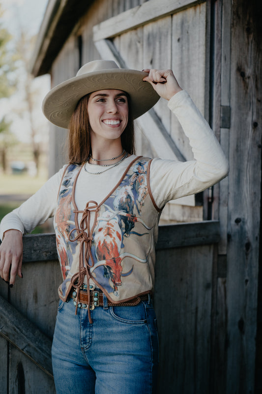 'Vel' Women's Longhorn Printed Suede Front Tie Vest