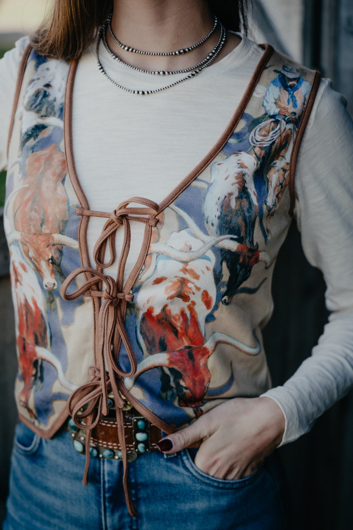 'Vel' Women's Longhorn Printed Suede Front Tie Vest