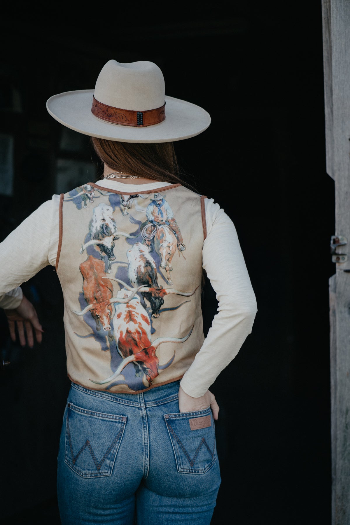 'Vel' Women's Longhorn Printed Suede Front Tie Vest
