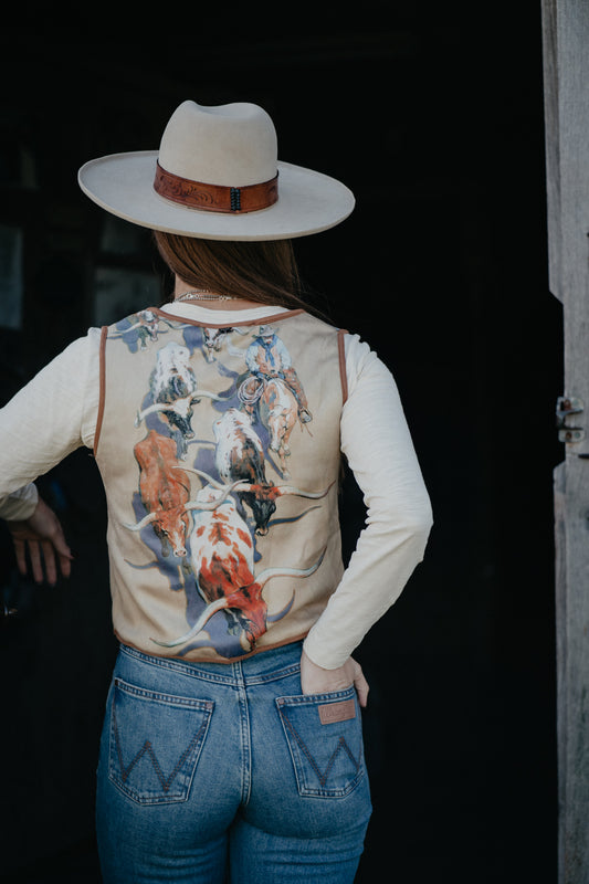 'Vel' Women's Longhorn Printed Suede Front Tie Vest