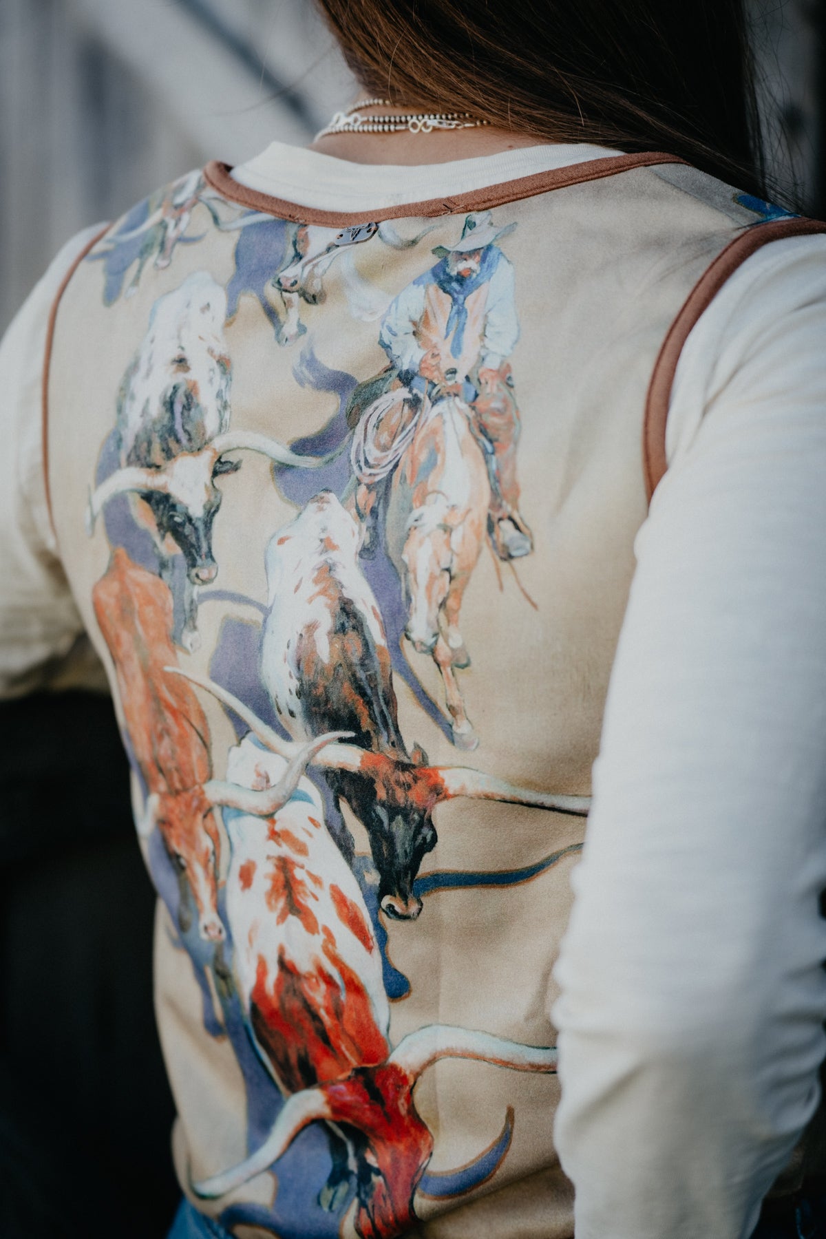 'Vel' Women's Longhorn Printed Suede Front Tie Vest