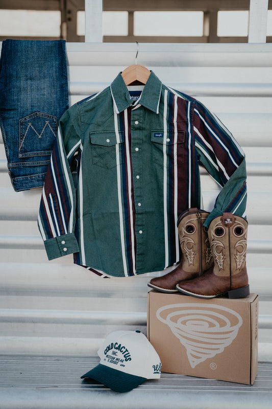 'Rickie JR' Wrangler Boys Green/Burgundy BrushPopper Pearl Snap