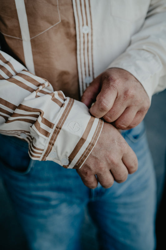 'Zach Top' Natural Brown Striped Button Up by Kimes Ranch X Zach Top