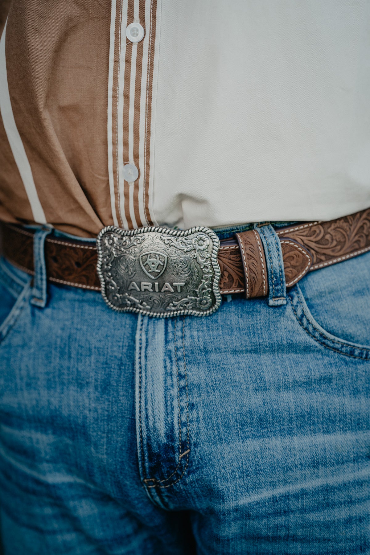 Ariat Leather Tooled Belt with Rectangular Buckle