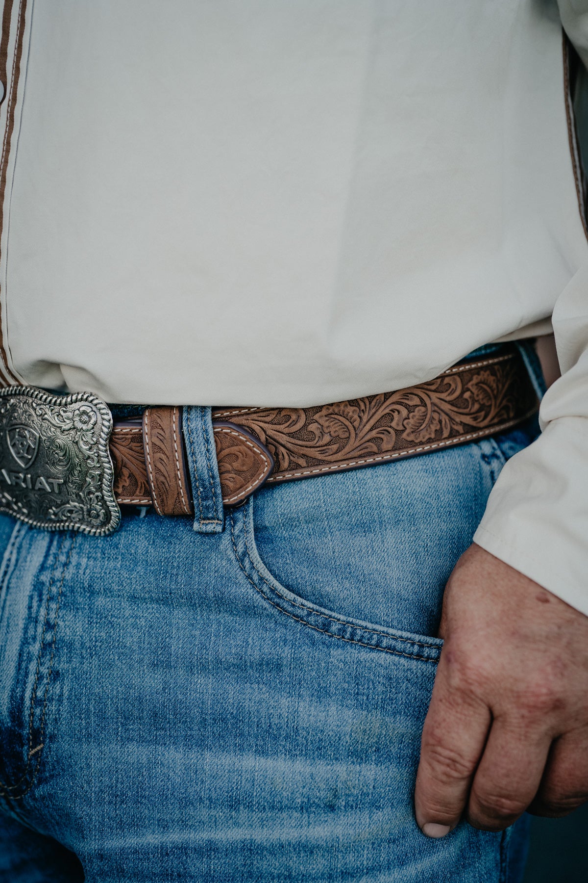 Ariat Leather Tooled Belt with Rectangular Buckle
