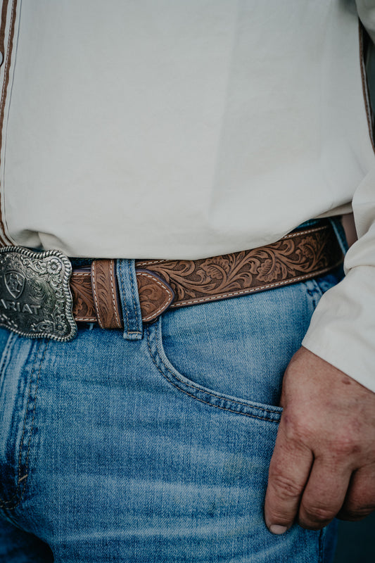 Ariat Leather Tooled Belt with Rectangular Buckle