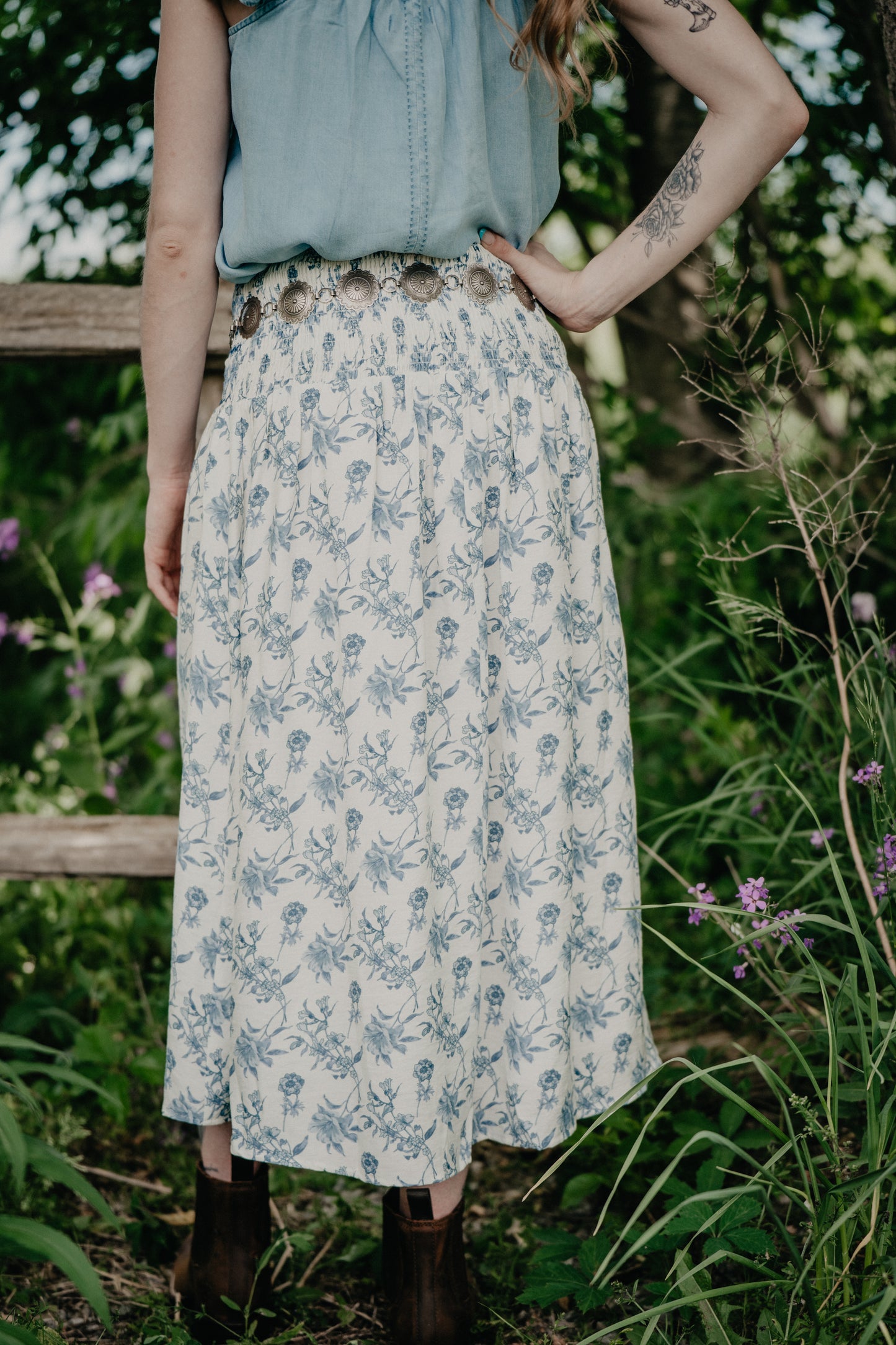 'Iris' Blue Floral Print Smocked Waist Midi Skirt (S-L)