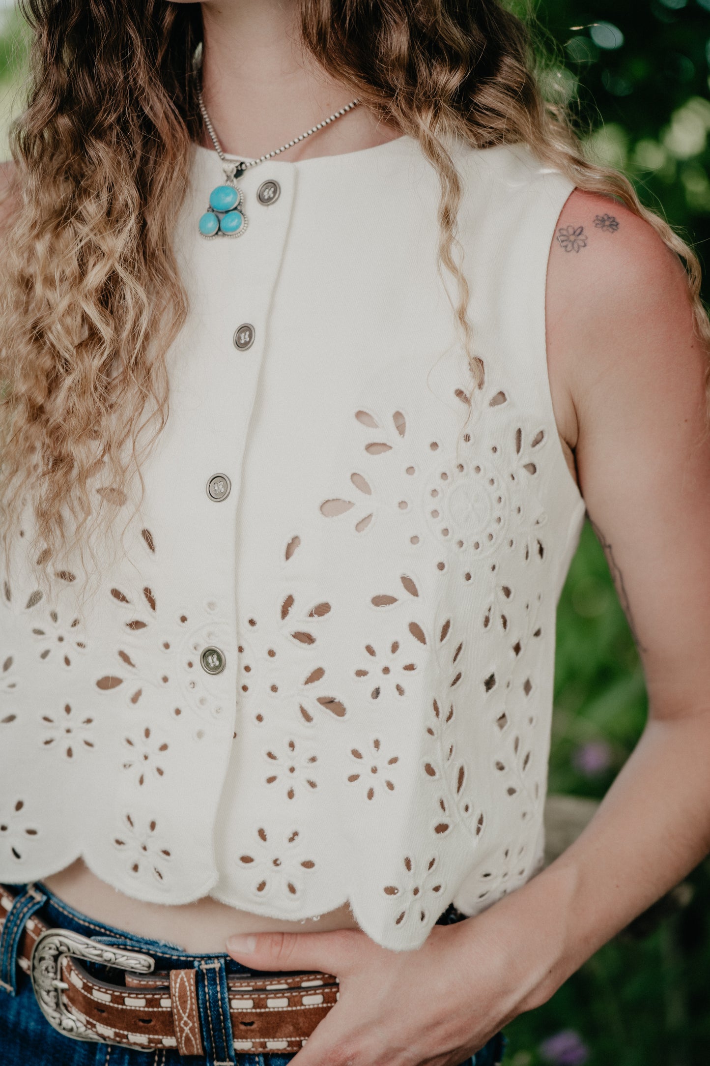 'Willow' Coloured Denim Floral Eyelet Vest (2 colourways; S-L)