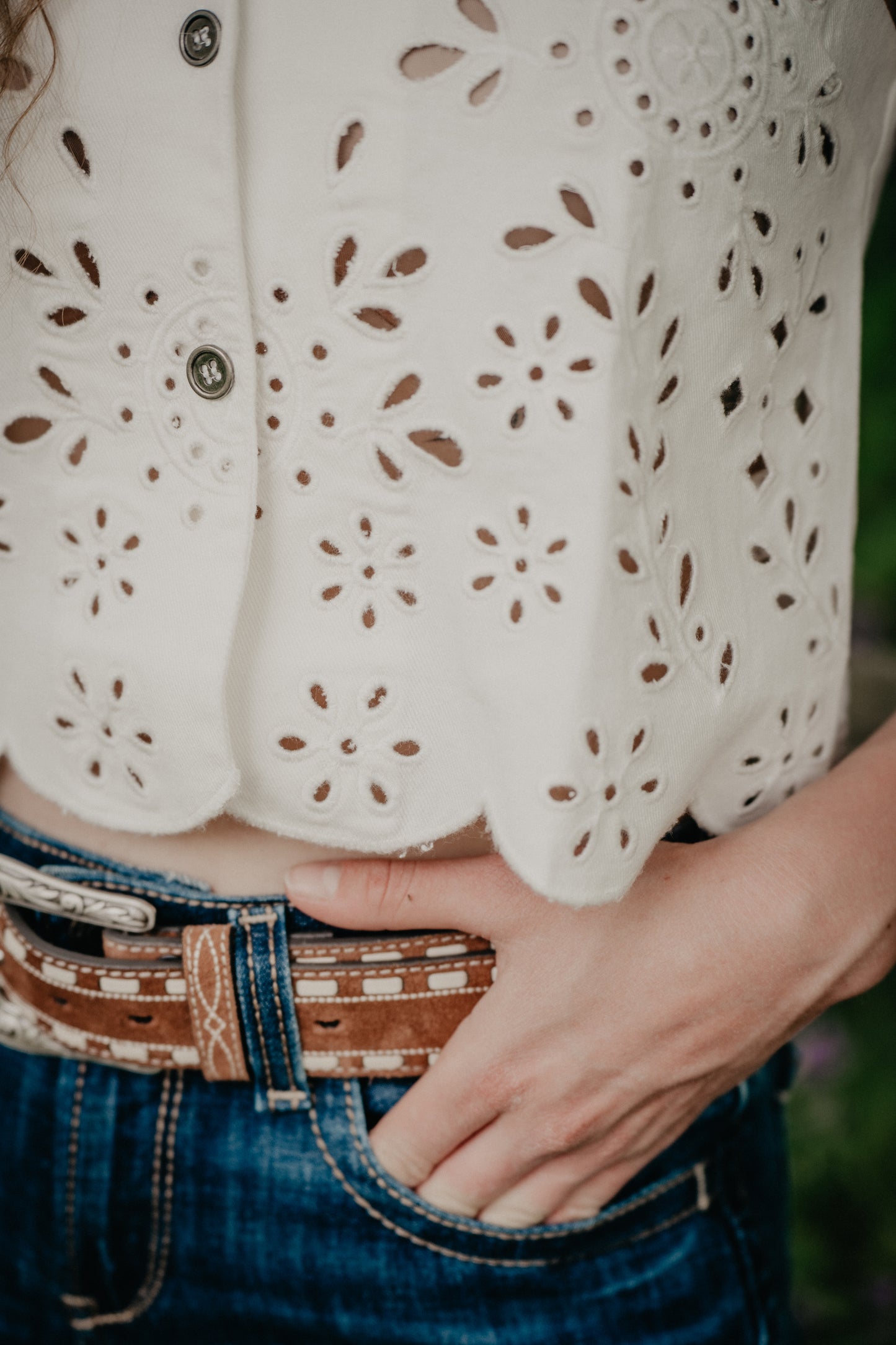'Willow' Coloured Denim Floral Eyelet Vest (2 colourways; S-L)