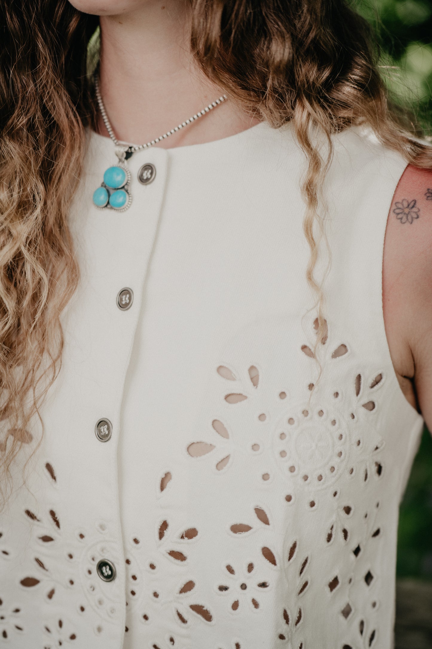 'Willow' Coloured Denim Floral Eyelet Vest (2 colourways; S-L)