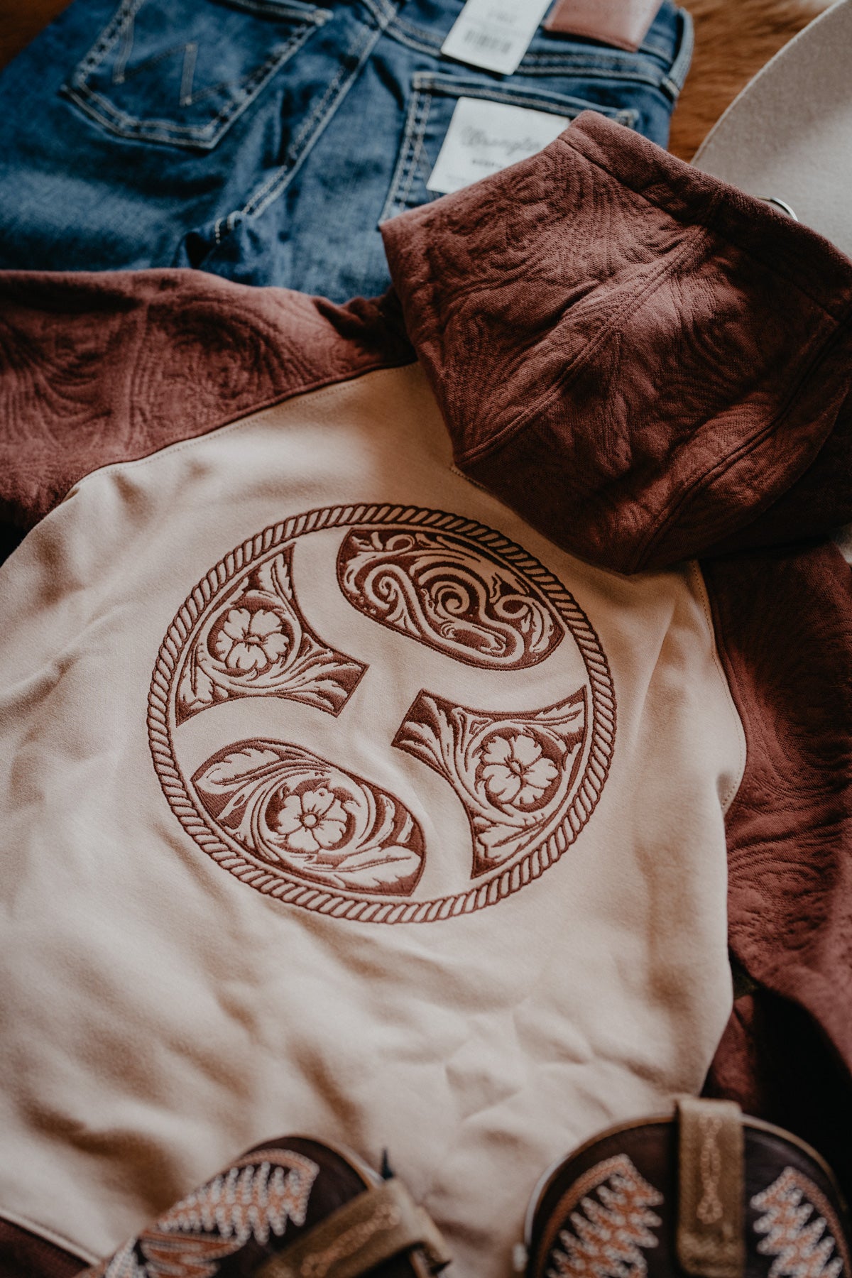 'Dolly Jr' Girls Tan Hoody with Brown Leather Pattern by Hooey
