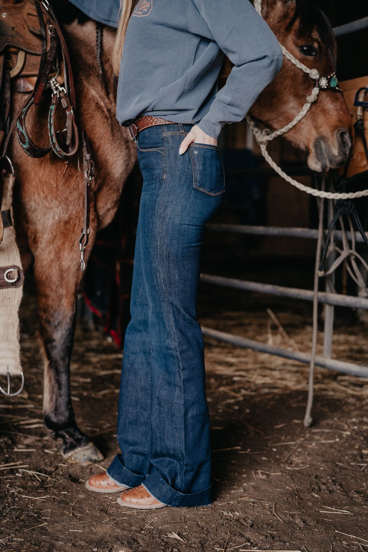 'Bella' Haala Denim Trouser Jean {Deep Ocean with Gold Stitching}