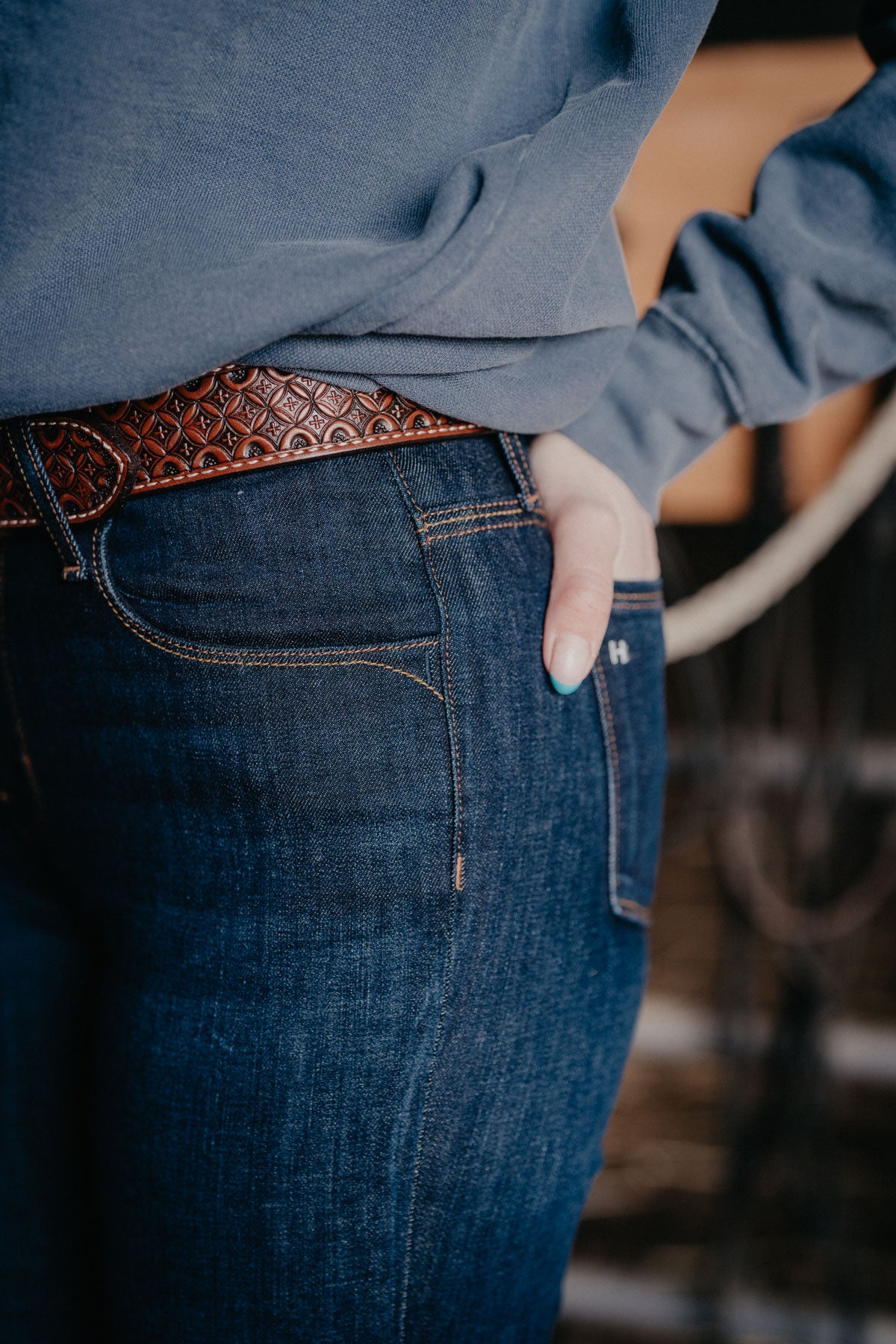 'Bella' Haala Denim Trouser Jean {Deep Ocean with Gold Stitching}