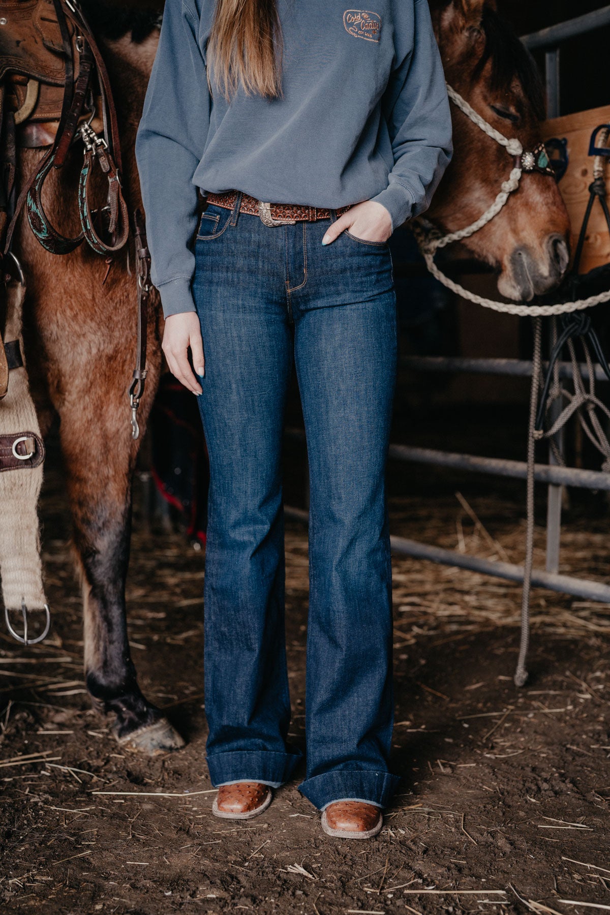 'Bella' Haala Denim Trouser Jean {Deep Ocean with Gold Stitching}