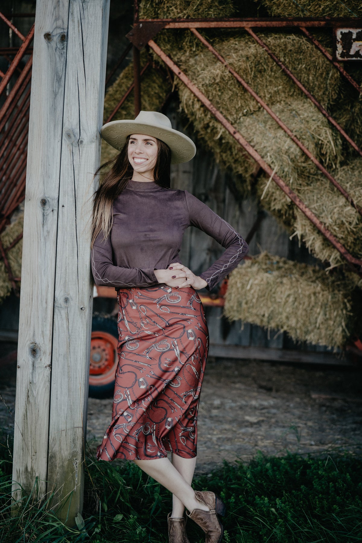'Mayrn' Rust Horse Tack Midi Skirt by Cruel Denim