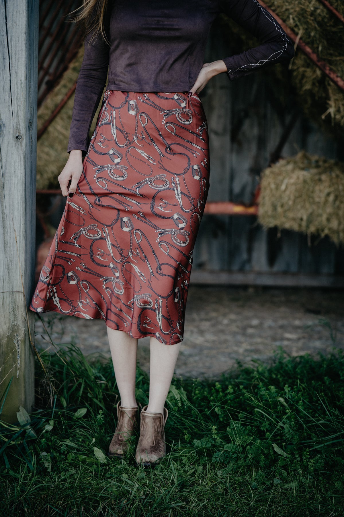 'Mayrn' Rust Horse Tack Midi Skirt by Cruel Denim