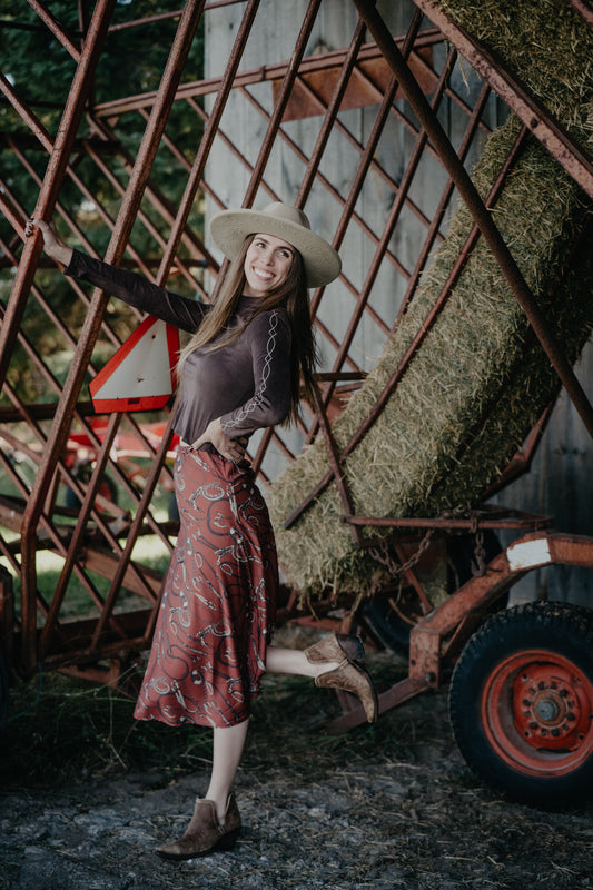 'Mayrn' Rust Horse Tack Midi Skirt by Cruel Denim