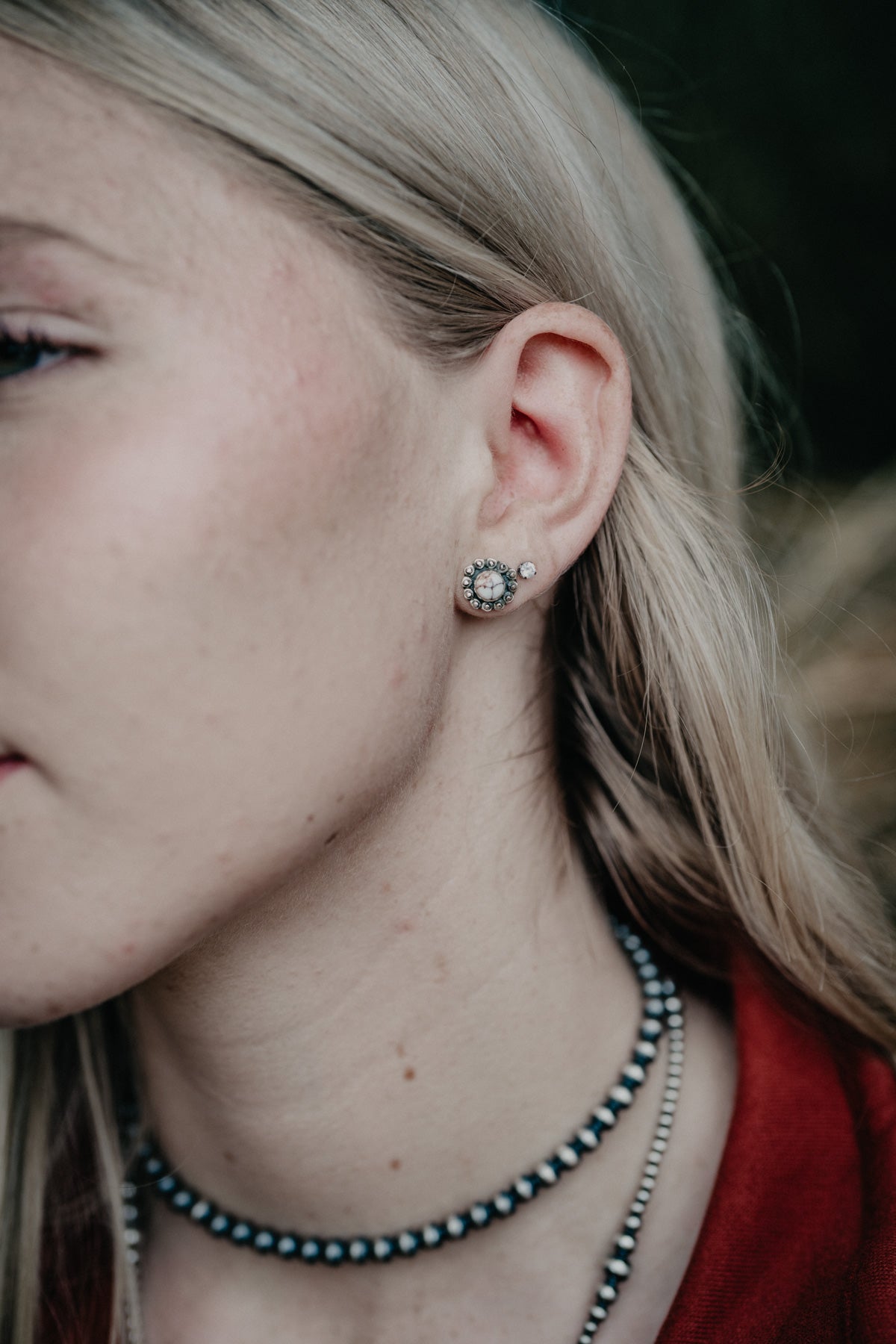 White Horse Stone with Studded Boarder Earrings