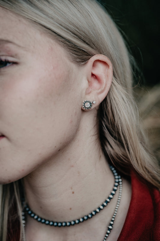 White Horse Stone with Studded Boarder Earrings