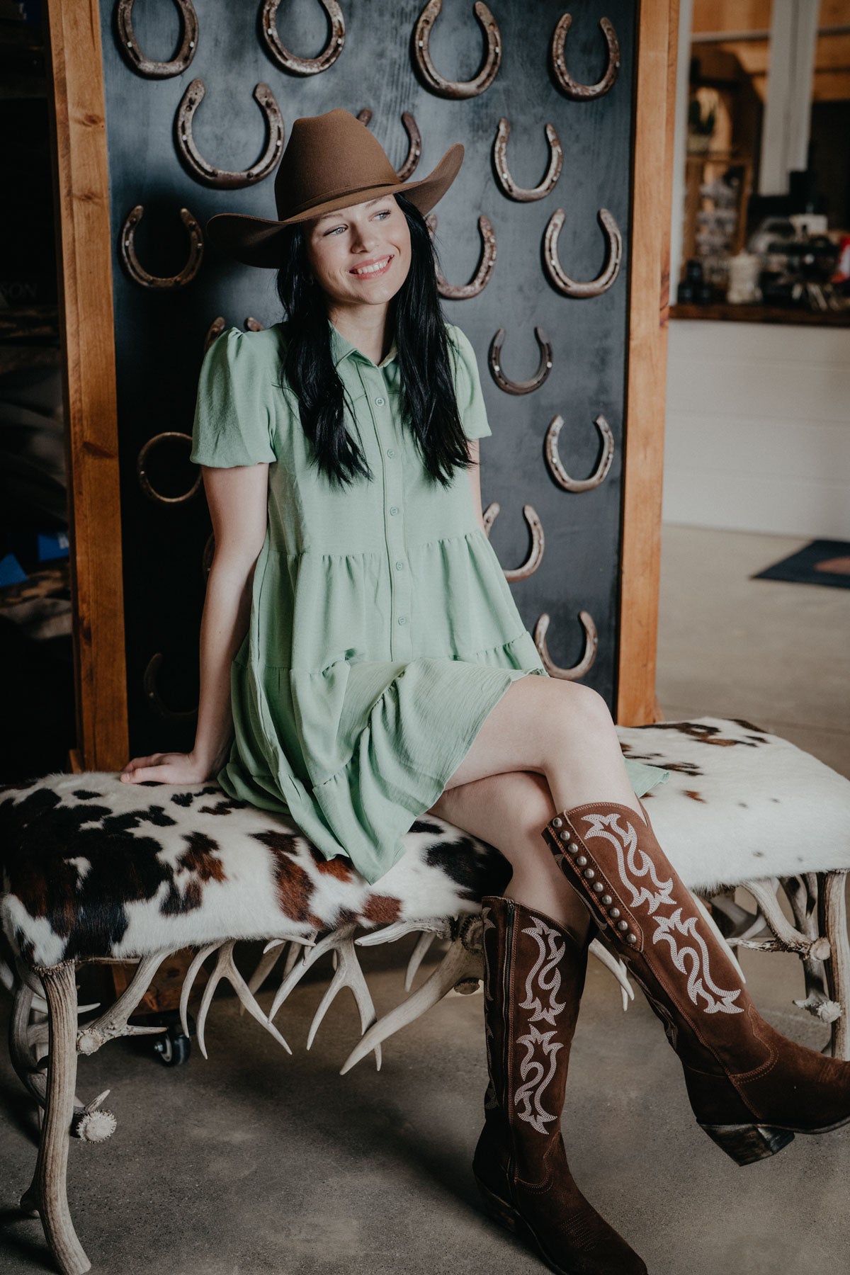 'Pip' Pistachio Puff Sleeve Ruffle Tier Dress (S-XL)