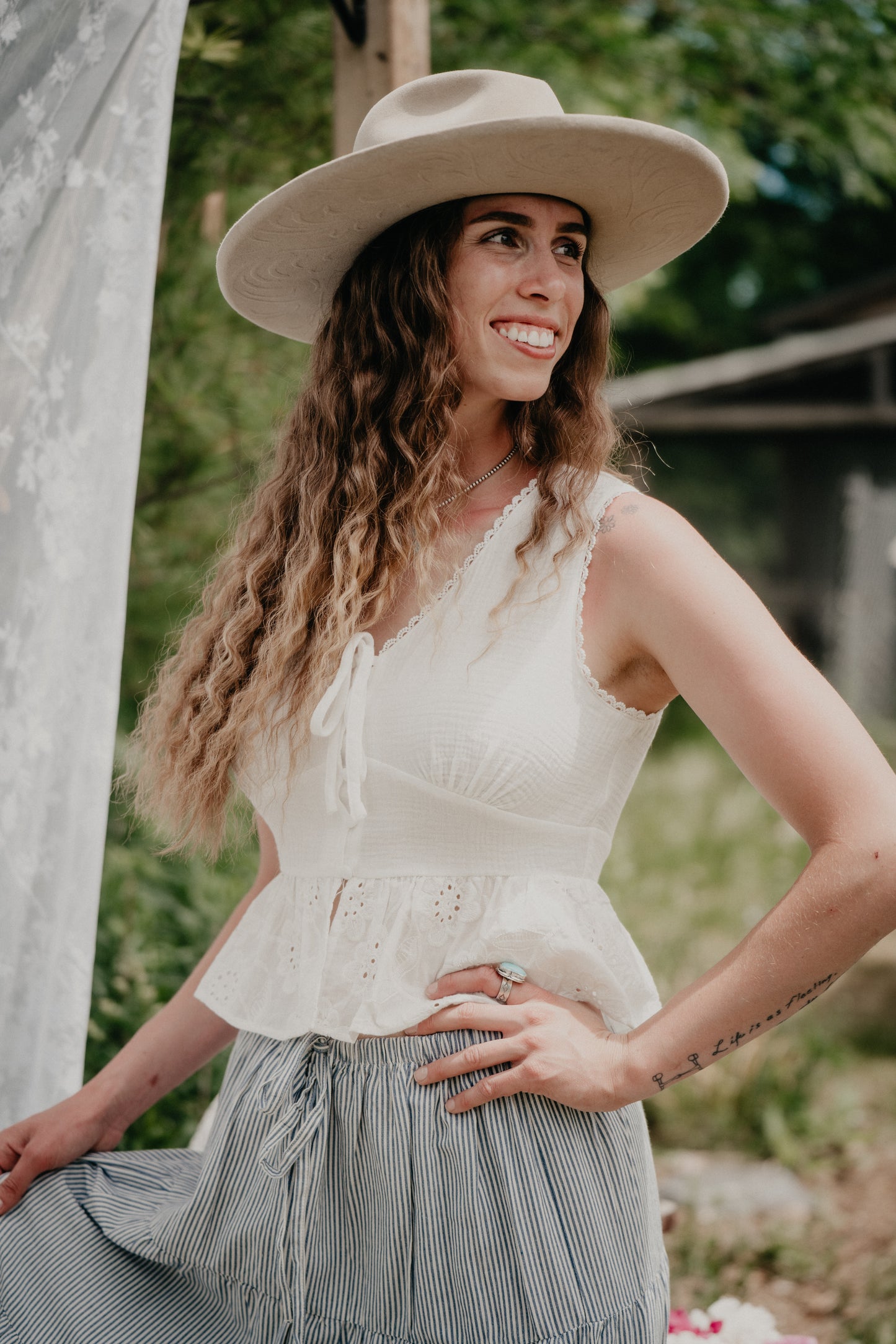 'Sweet Pea' Sleeveless Gauze Eyelet Lace Front Tie Top (S-L)