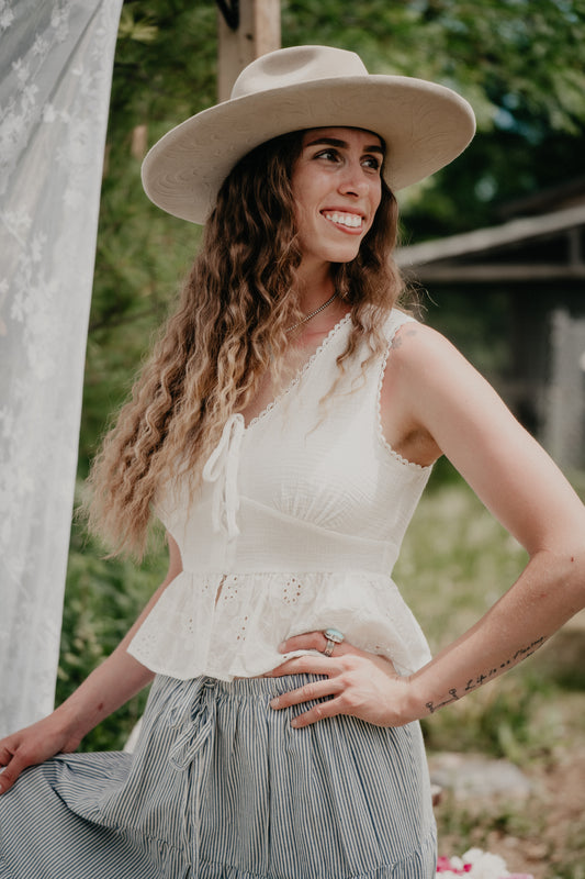'Sweet Pea' Sleeveless Gauze Eyelet Lace Front Tie Top (S-L)