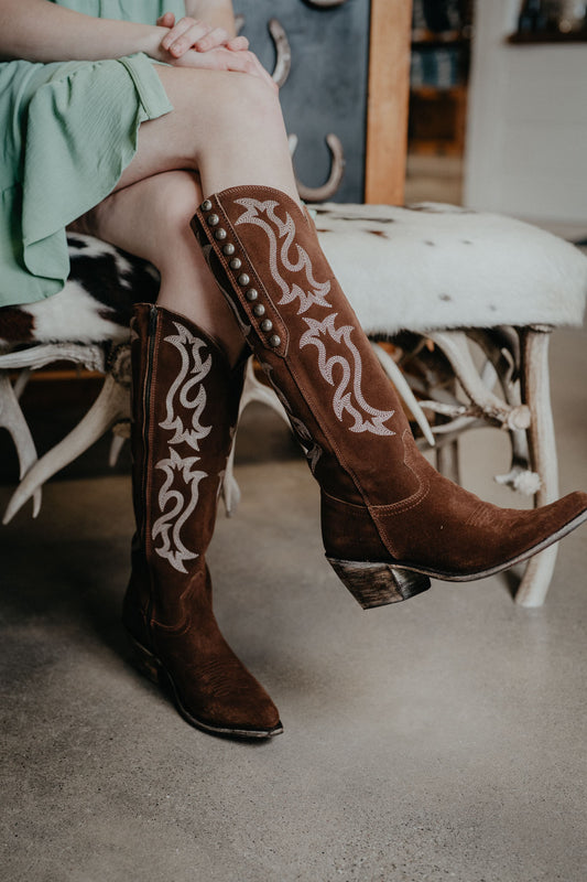 'Mia' Chocolate Suede Tall Studded Boot (Size 6-11, B & C Widths)