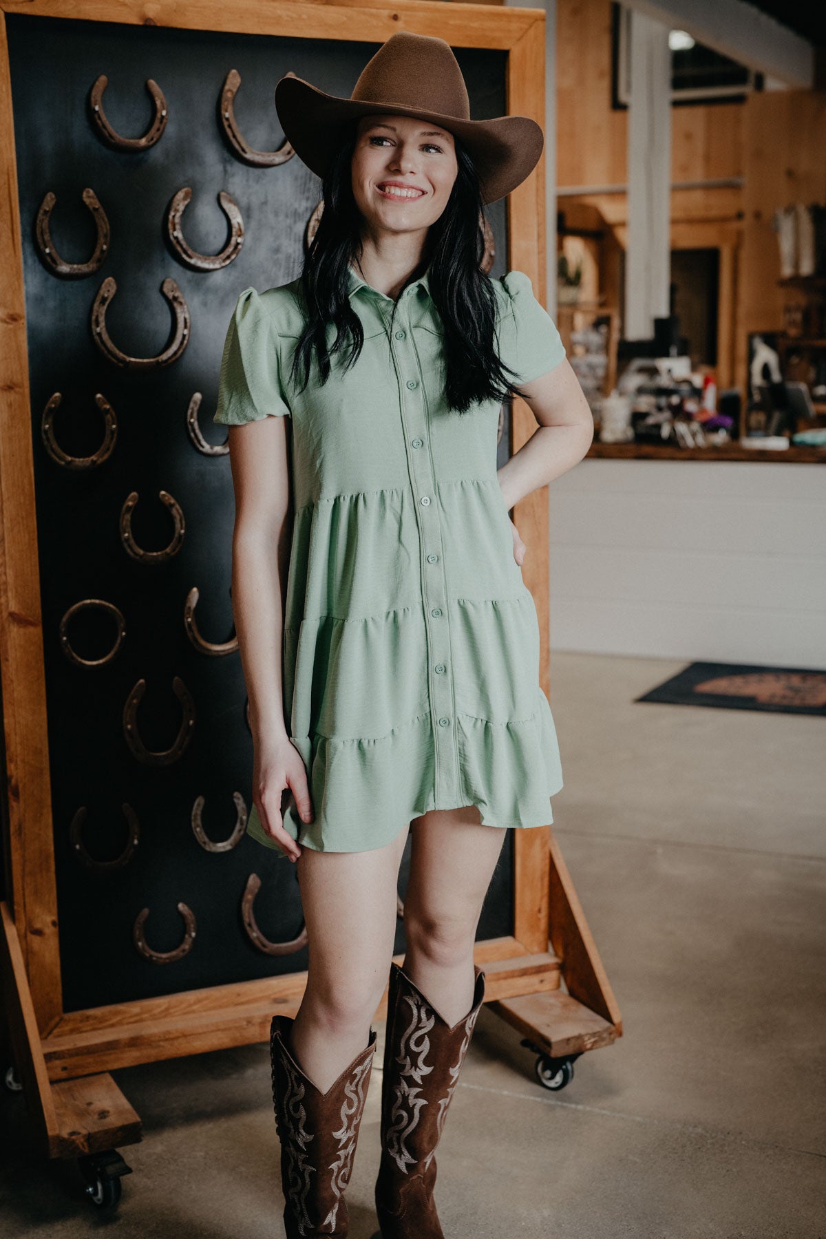 'Pip' Pistachio Puff Sleeve Ruffle Tier Dress (S-XL)