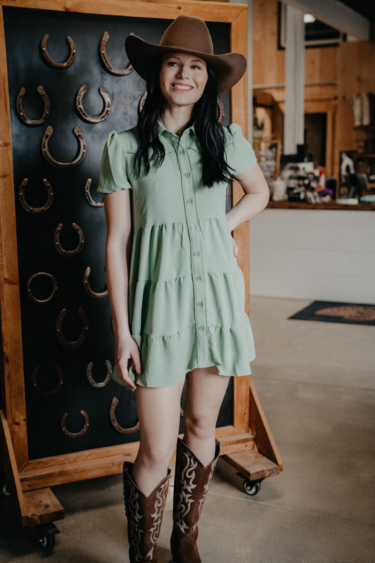 'Pip' Pistachio Puff Sleeve Ruffle Tier Dress (S-XL)