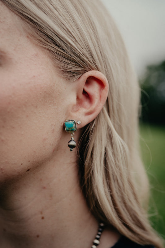Kingman Turquoise Studded Square with Hanging Navajo Pearl