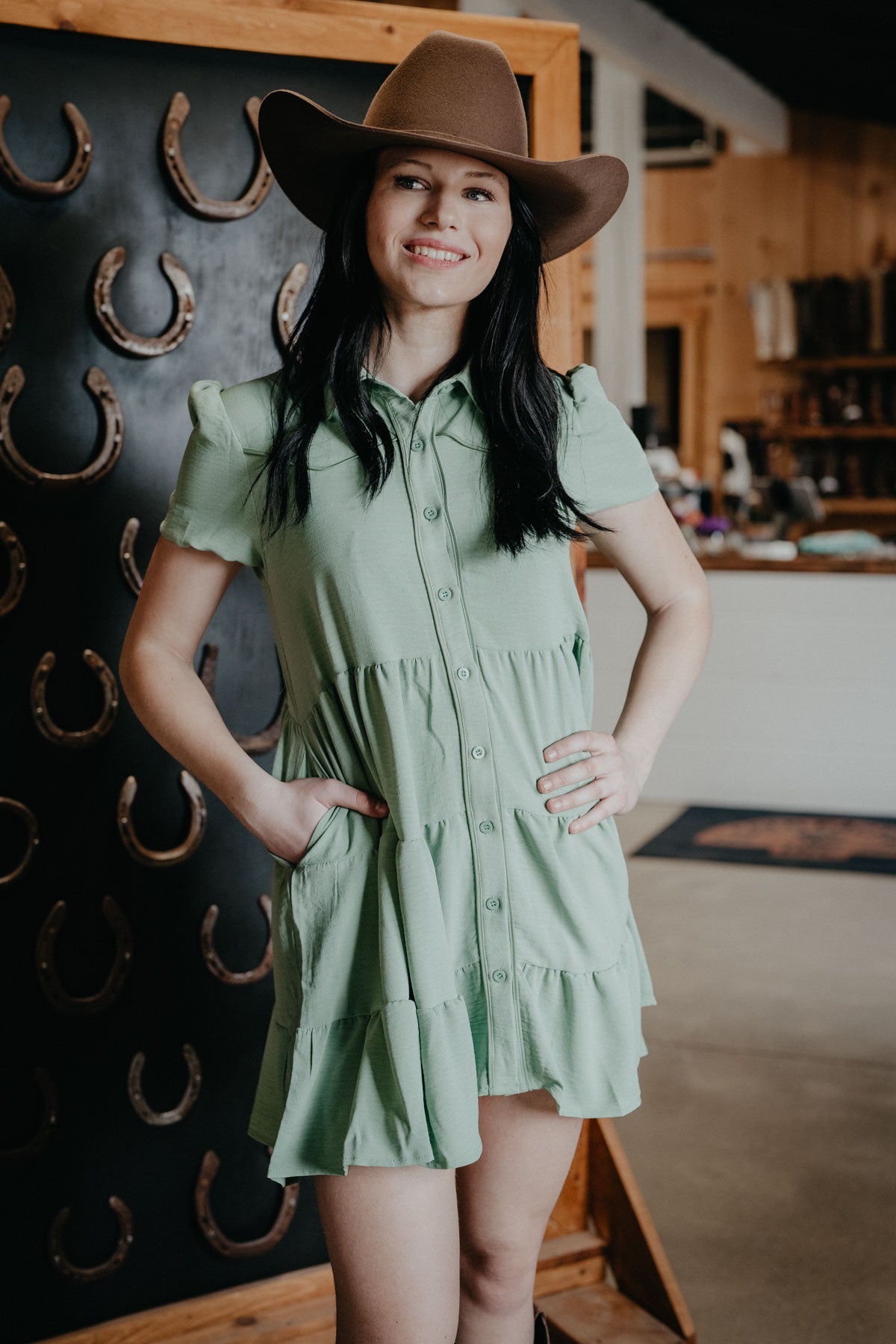 'Pip' Pistachio Puff Sleeve Ruffle Tier Dress (S-XL)