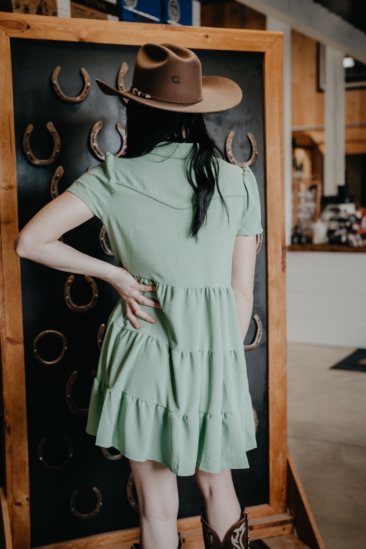 'Pip' Pistachio Puff Sleeve Ruffle Tier Dress (S-XL)