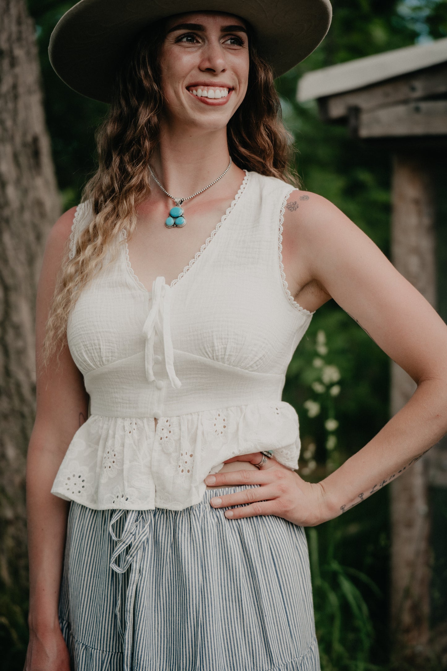 'Sweet Pea' Sleeveless Gauze Eyelet Lace Front Tie Top (S-L)